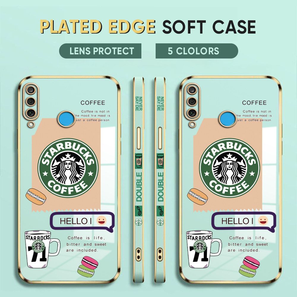 Luxury 6D Plating Case for Huawei P20 Lite / Nova 3E Back Cover Cartoon Coffee Sign Side Print Soft Silicone Square Phone Cases