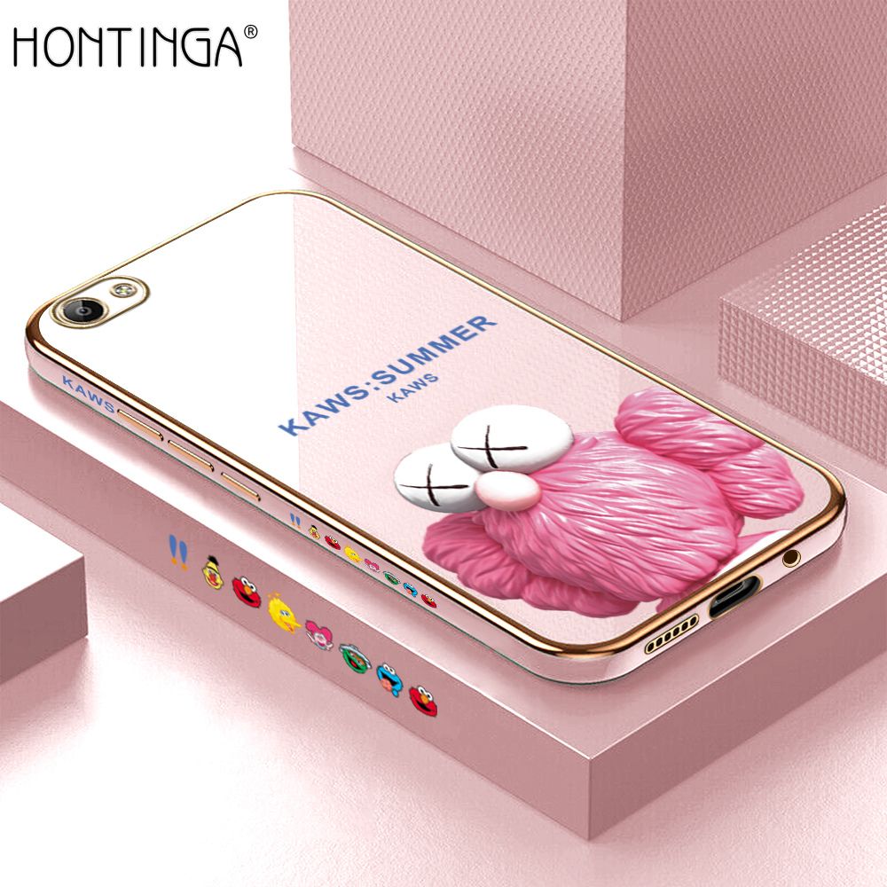 Hontinga for Vivo Y66 Luxury 6D Plating Soft Casing Silicone Square Frame Phone Case Shiny Bling Back Cover Pink Doll Side Pattern Case
