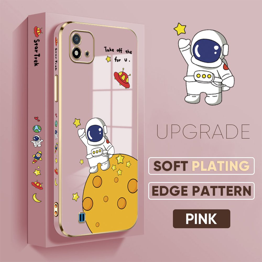 TA for Realme C20 / Realme C20A / Realme C11 2021 Back Cover + Free Lanyard Planet Astronaut Luxury 6D Plating Case Side Pattern Soft Silicone Square Phone Cases