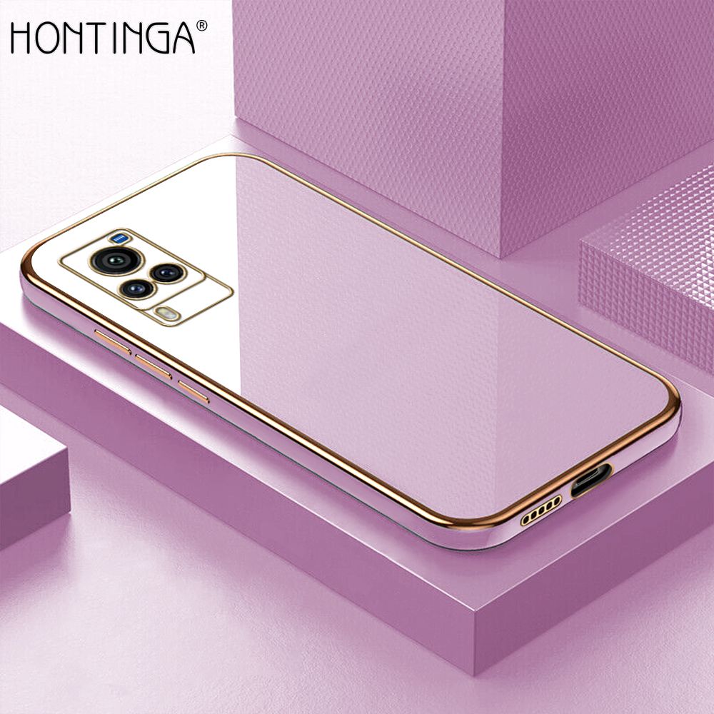 Hontinga for Vivo X60 Pro Case + Free Lanyard Luxury 6D Plating Soft Back Cover Silicone Square Frame Shiny Bling Phone Cover