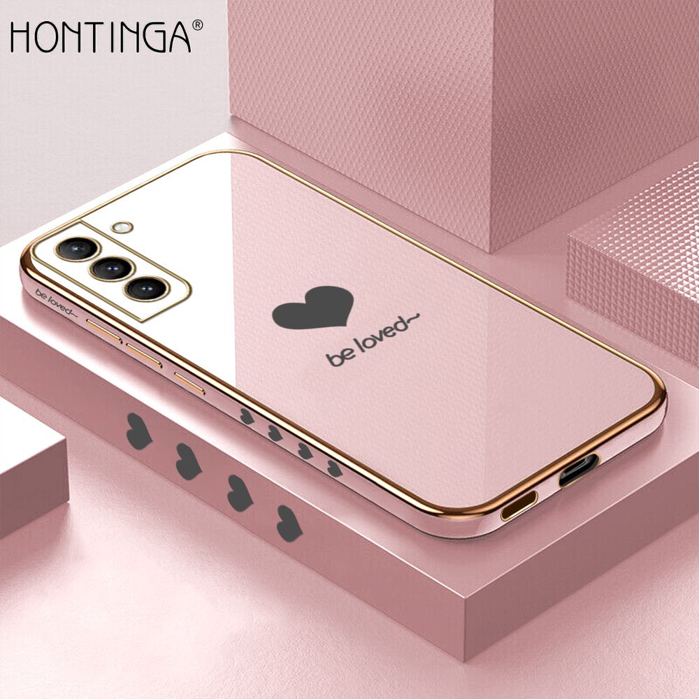 Hontinga for Samsung S21 Plus 5G Case + Free Lanyard Luxury 6D Plating Lover Heart Side Pattern Soft Back Cover Silicone Square Frame Shiny Bling Phone Cover