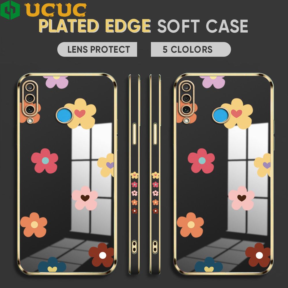 UCUC for Huawei P30 Lite / Nova 4E Back Cover + Free Lanyard INS Style Flower Luxury 6D Plating Case Side Pattern Soft Silicone Square Phone Cases