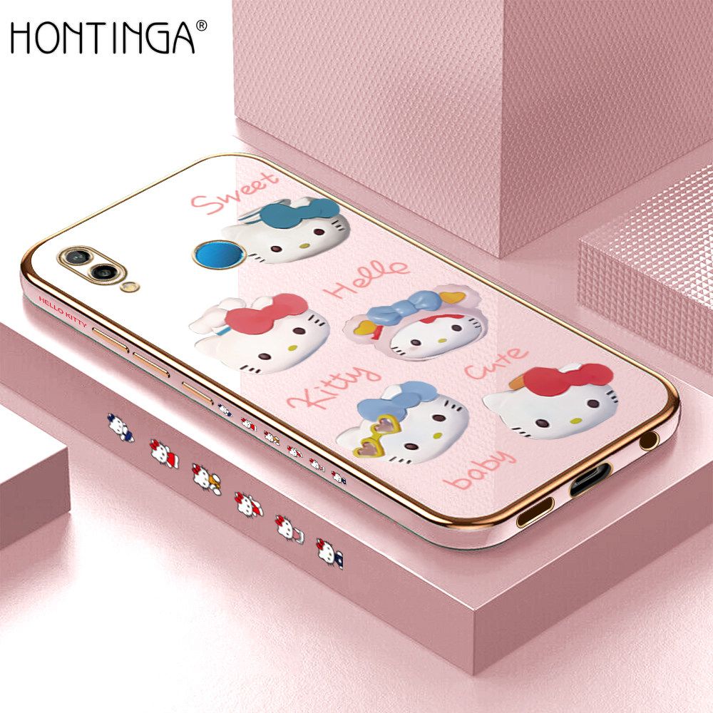 Hontinga for Huawei P20 Lite/Nova 3E Back Cover + Free Lanyard Luxury 6D Plating Cartoon Cute Kitty Side Pattern Case Soft Silicone Square Phone Cases