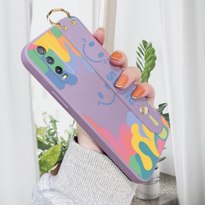 Jizetin for Vivo Y20 / Y12A / Y12S / Y20i / Y20SG Wrist Strap Case Soft Candy Color Splash Ink Cover Ultra Thin Anti Fall Liquid Silicone Phone Case
