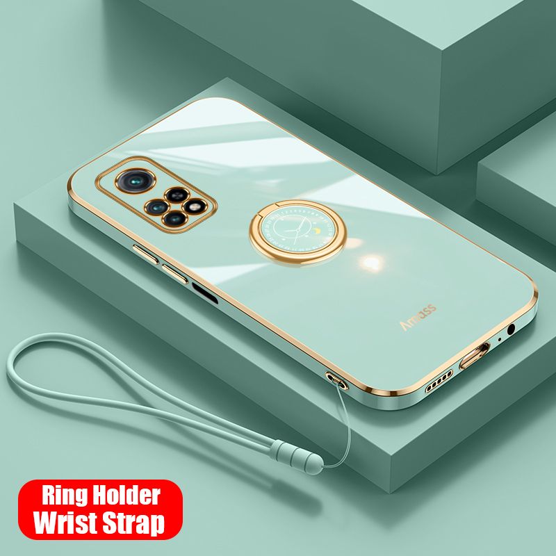 For Xiaomi Redmi Note 11S 4G Back Cover with Ring Holder Stand + Wrist Strap Shiny Plating Square Bumper Protective Case Soft Silicone Shockproof Mobile Phone Cases