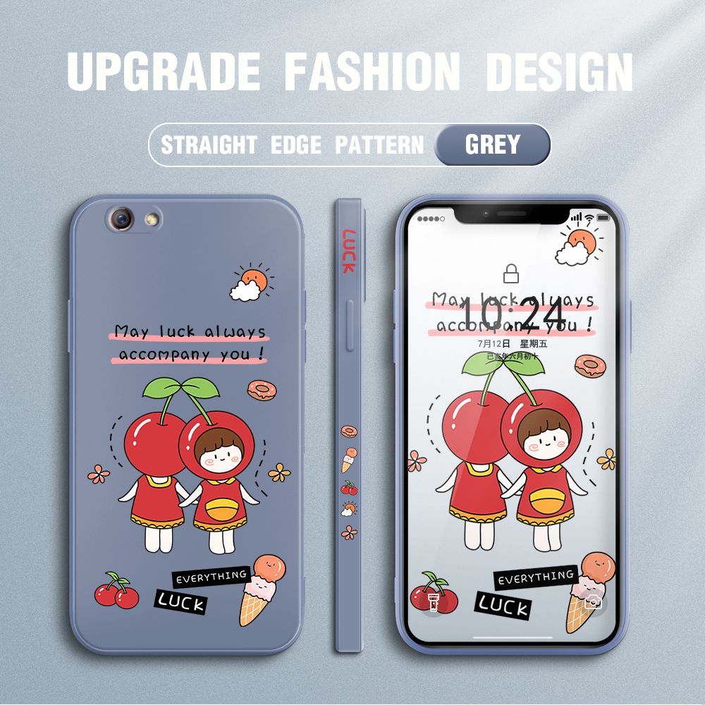 Jizetin for OPPO R9S Plus Case Fashion Cherry Girl Design Side Design Phone Case Square Edge Pattern Liquid Silicone Cases Full Cover Camera Shockproof Protective Case