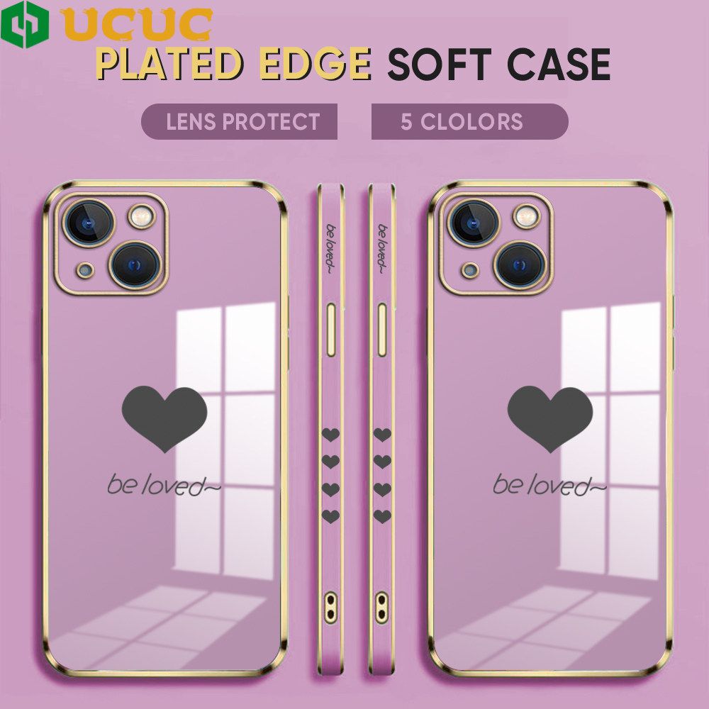 UCUC for iPhone 13 Back Cover + Free Lanyard Lover Heart Luxury 6D Plating Case Side Pattern Soft Silicone Square Phone Cases