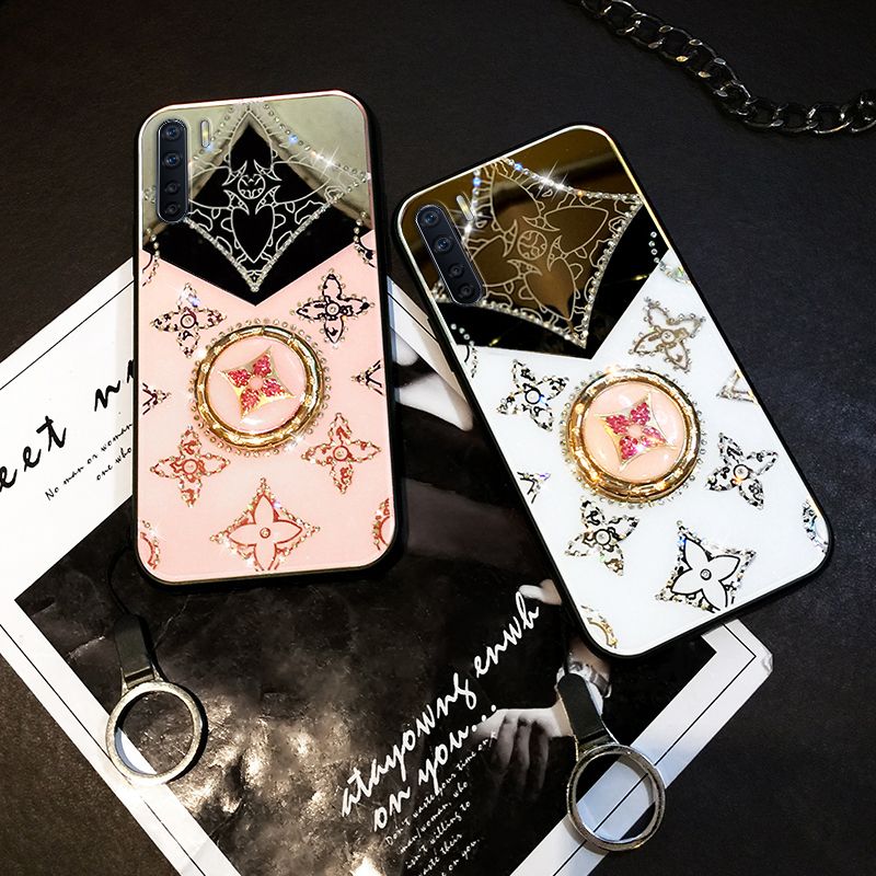 Phone Case OPPO F15 Mirror Back Cover Magnetic Ring Holder Luxury Diamond Clover Cross for OPPO F15 Make Up Mirror Case