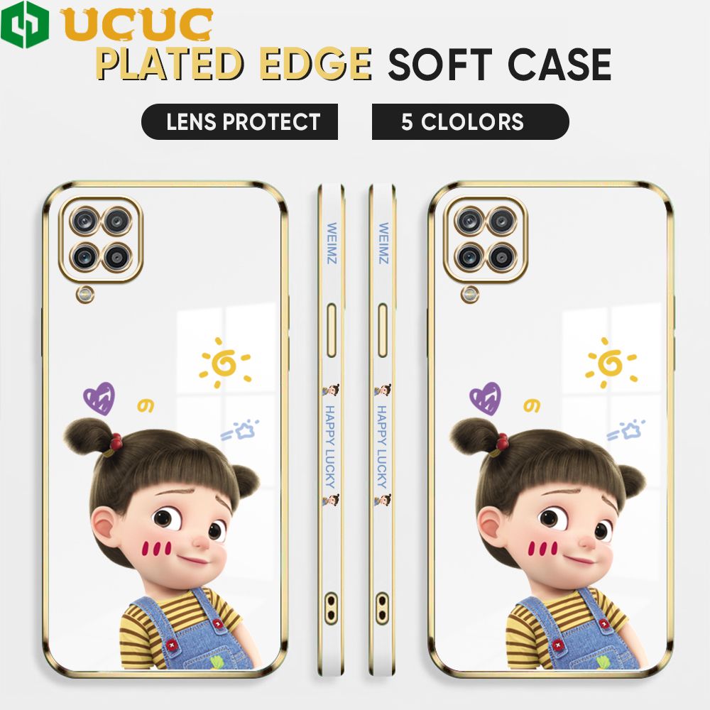 UCUC for Samsung Galaxy A12 / A12 5G / M12 Back Cover + Free Lanyard Lovely Girl Luxury 6D Plating Case Side Pattern Soft Silicone Square Phone Cases