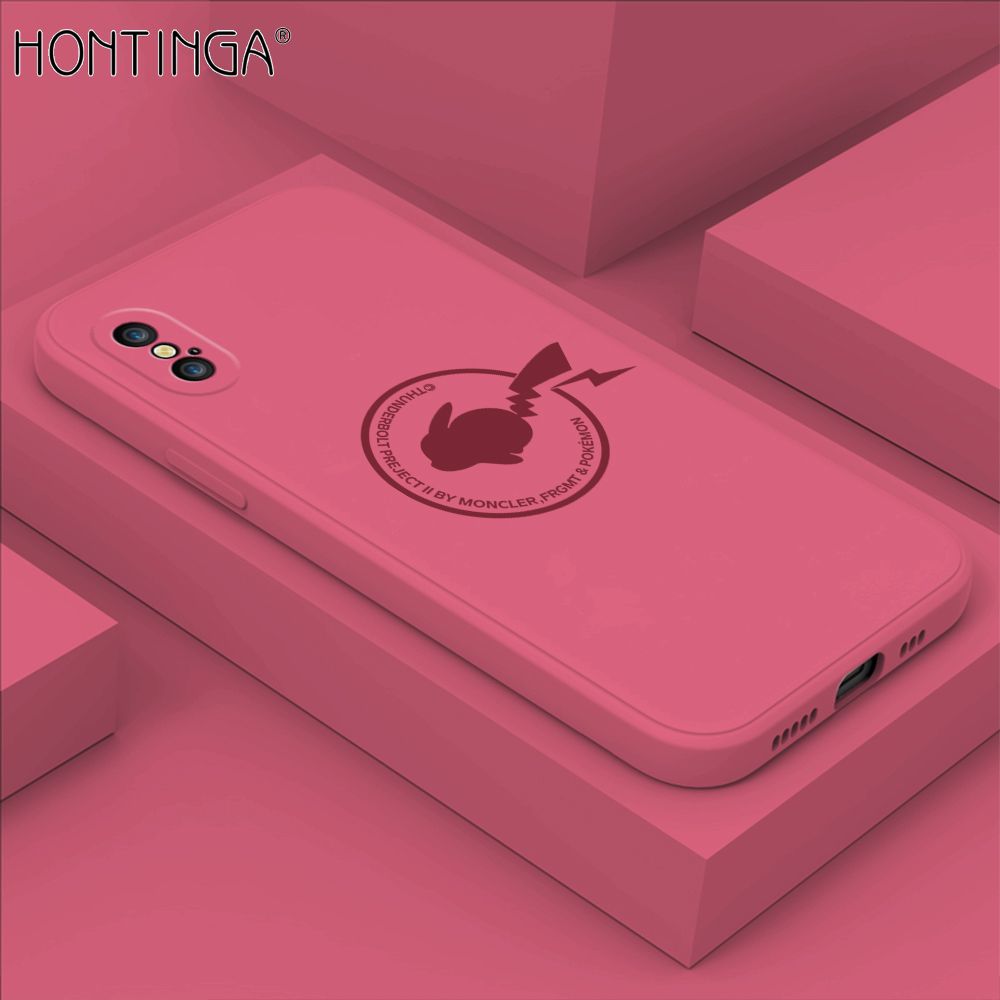 Hontinga for iPhone X XS Case Cartoon Pikachu Pokemon Phone Case Liquid Silicone Casing Full Cover Camera Shockproof Protective Case