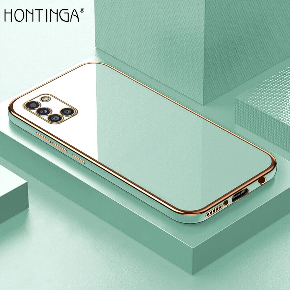 Hontinga for Samsung A31 Case + Free Lanyard Luxury 6D Plating Soft Back Cover Silicone Square Frame Shiny Bling Phone Cover