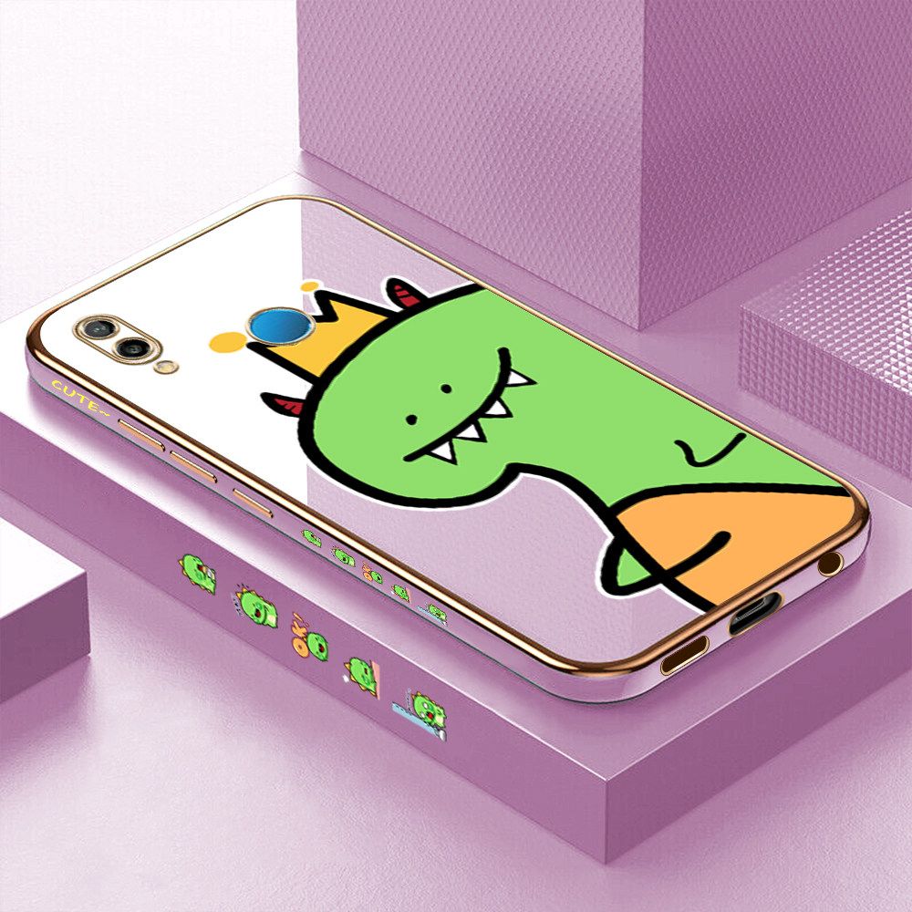 Luxury 6D Plating Case for Huawei P20 Lite Cute Little Dinosaur Side Pattern Back Cover Soft Silicone Square Frame Shiny Bling Phone Cases + Free Lanyard