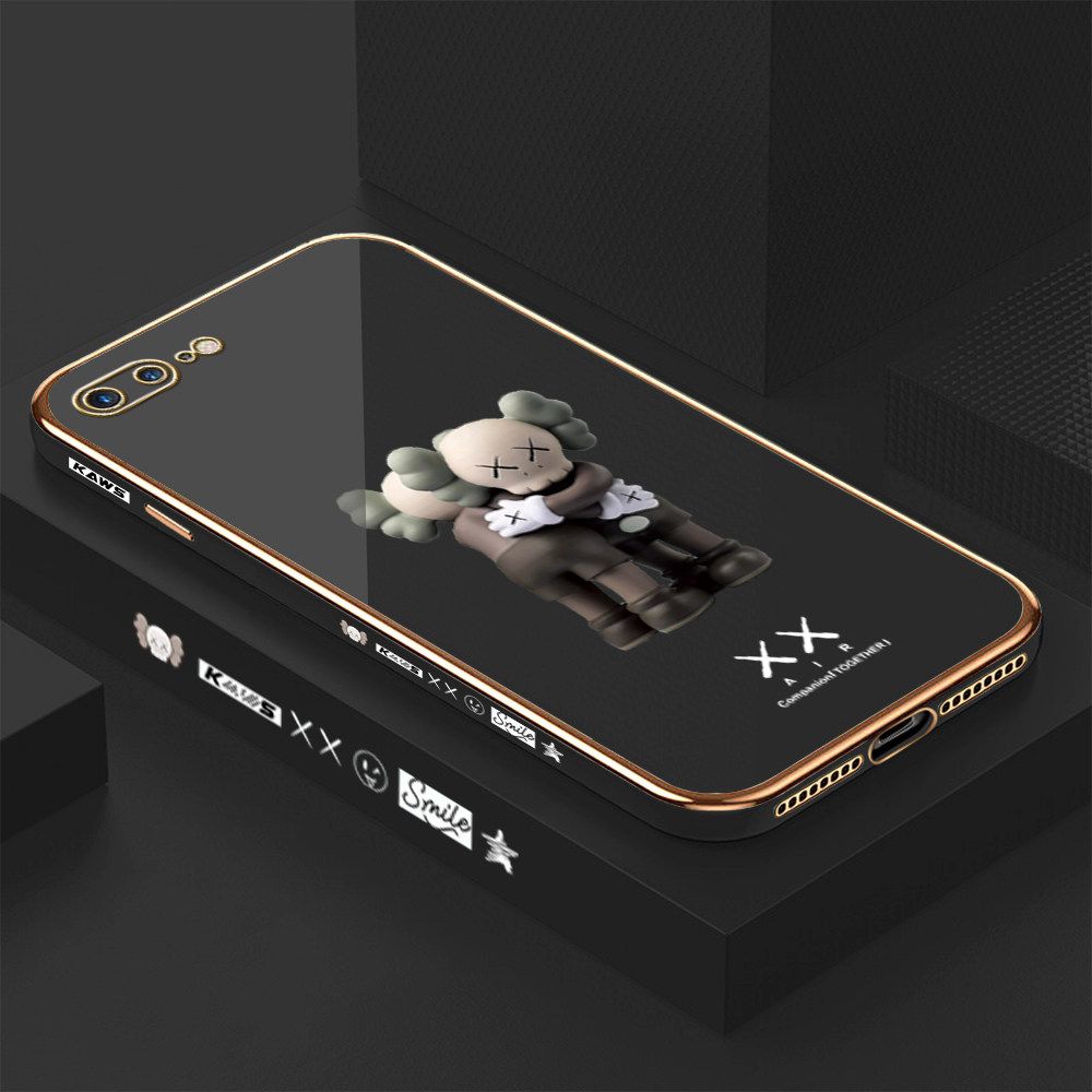 Luxury 6D Plating Case for iPhone 8 Plus Embrace Cartoon Bear Side Pattern Back Cover Soft Silicone Square Frame Shiny Bling Phone Cases + Free Lanyard