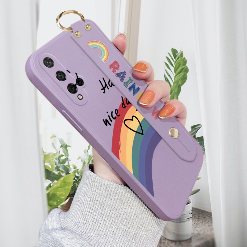 Jizetin for Huawei Nova 5T / Honor 20 Wrist Strap Case INS Style Smile Rainbow Cover Ultra Thin Anti Fall Liquid Silicone Phone Case