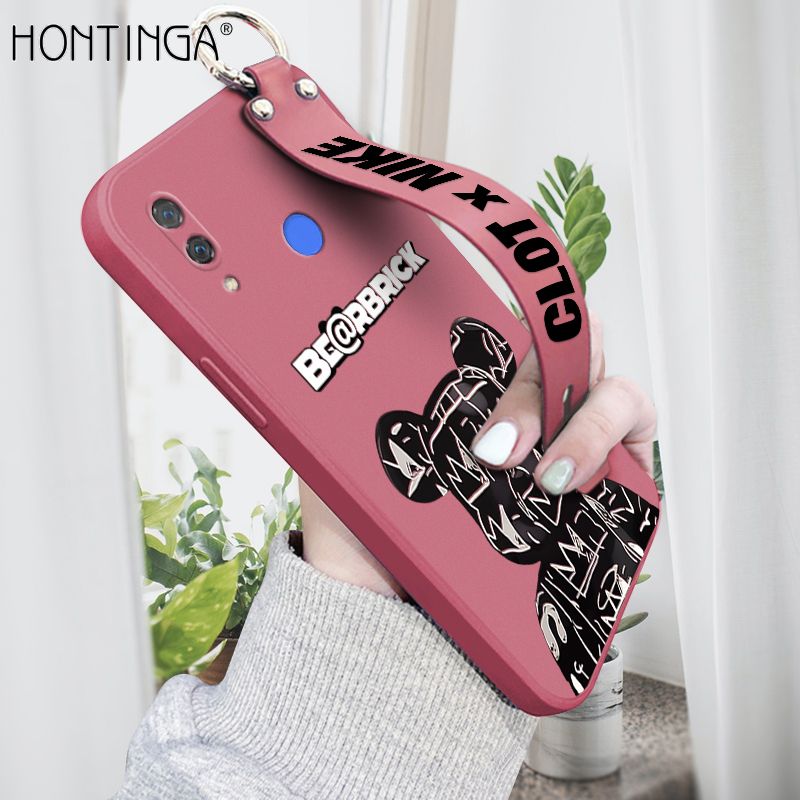 Hontinga for Huawei Nova 3i Wrist Strap Case Fashion Black Brand Bear Phone Case Square Edge Liquid Silicone Cases Full Cover Camera Shockproof Protection Cases