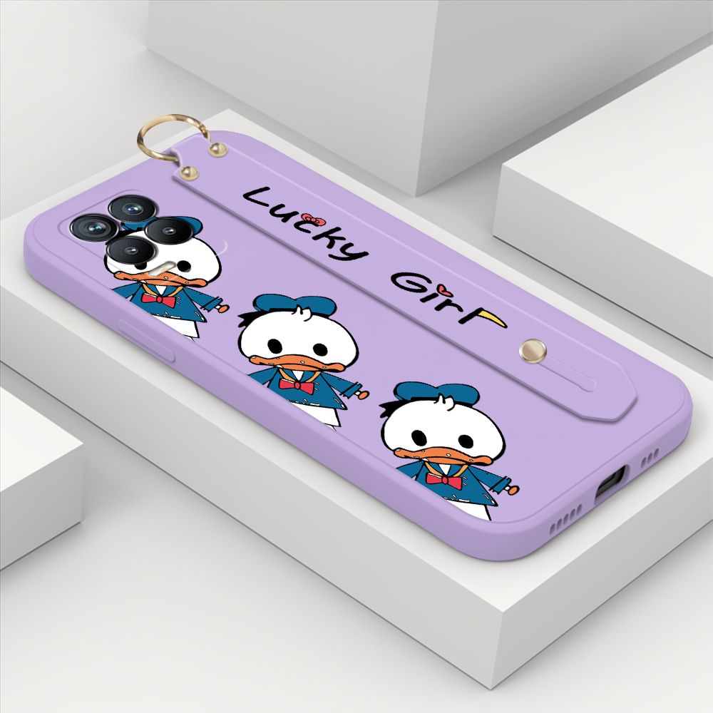 ZeroQiQi for Realme 8 Wrist Strap Case Cute Cartoon Little Duck Phone Case Square Edge Liquid Silicone Case Full Cover Camera Shockproof Protective Cases