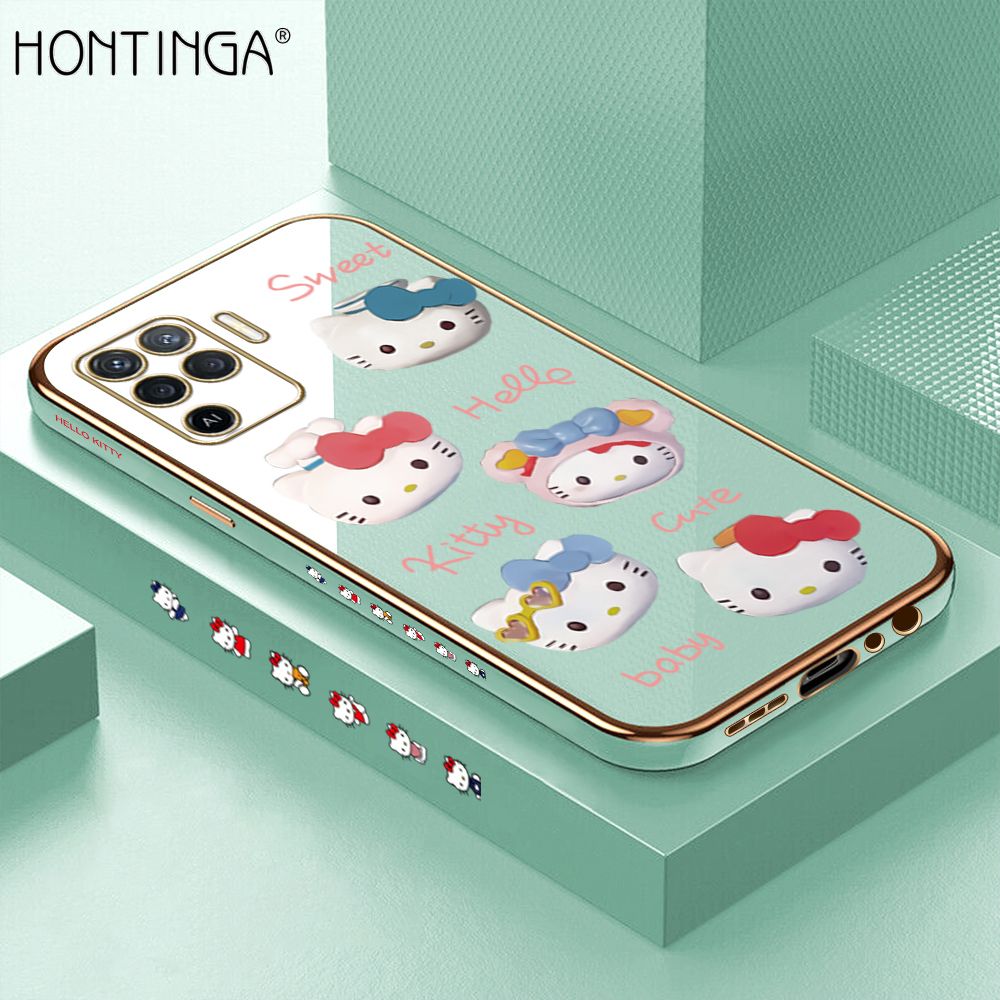Hontinga for OPPO F19 Pro/A94/Reno5 F Back Cover + Free Lanyard Luxury 6D Plating Cartoon Cute Kitty Side Pattern Case Soft Silicone Square Phone Cases