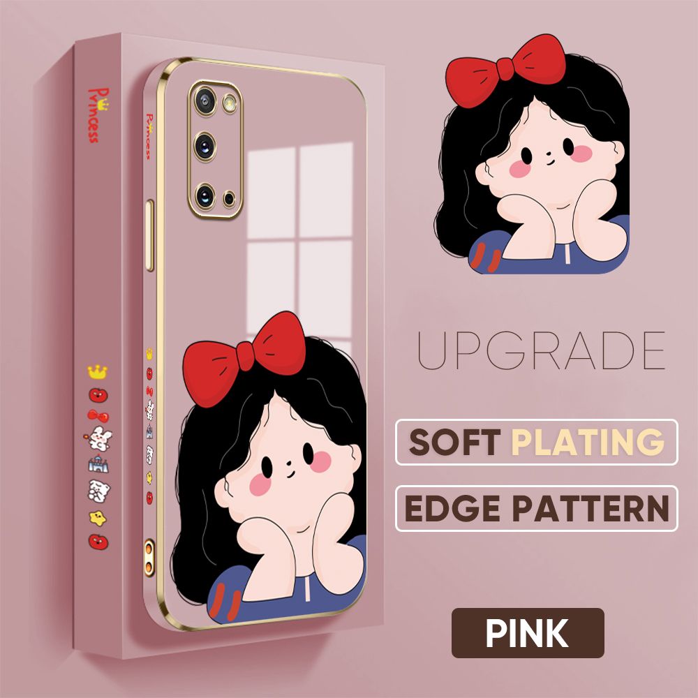 Jizetin (Free Lanyard) Samsung S20 Back Cover Cute Princess Luxury 6D Plating Case Side Pattern Soft Silicone Square Phone Cases