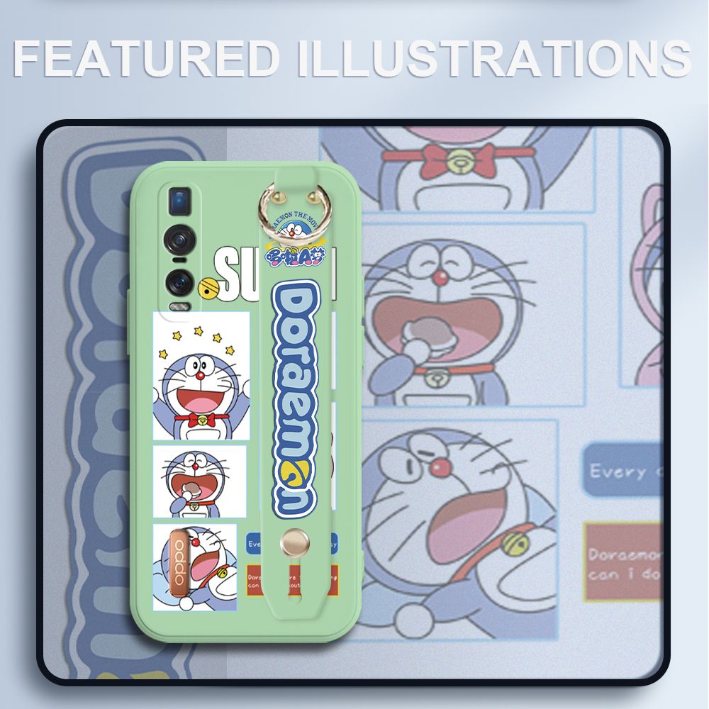UCUC for OPPO Find X2 Pro Wrist Strap Case Creative Cartoon Doraemon's Daily Life Cover Ultra Thin Anti Fall Liquid Silicone Phone Case