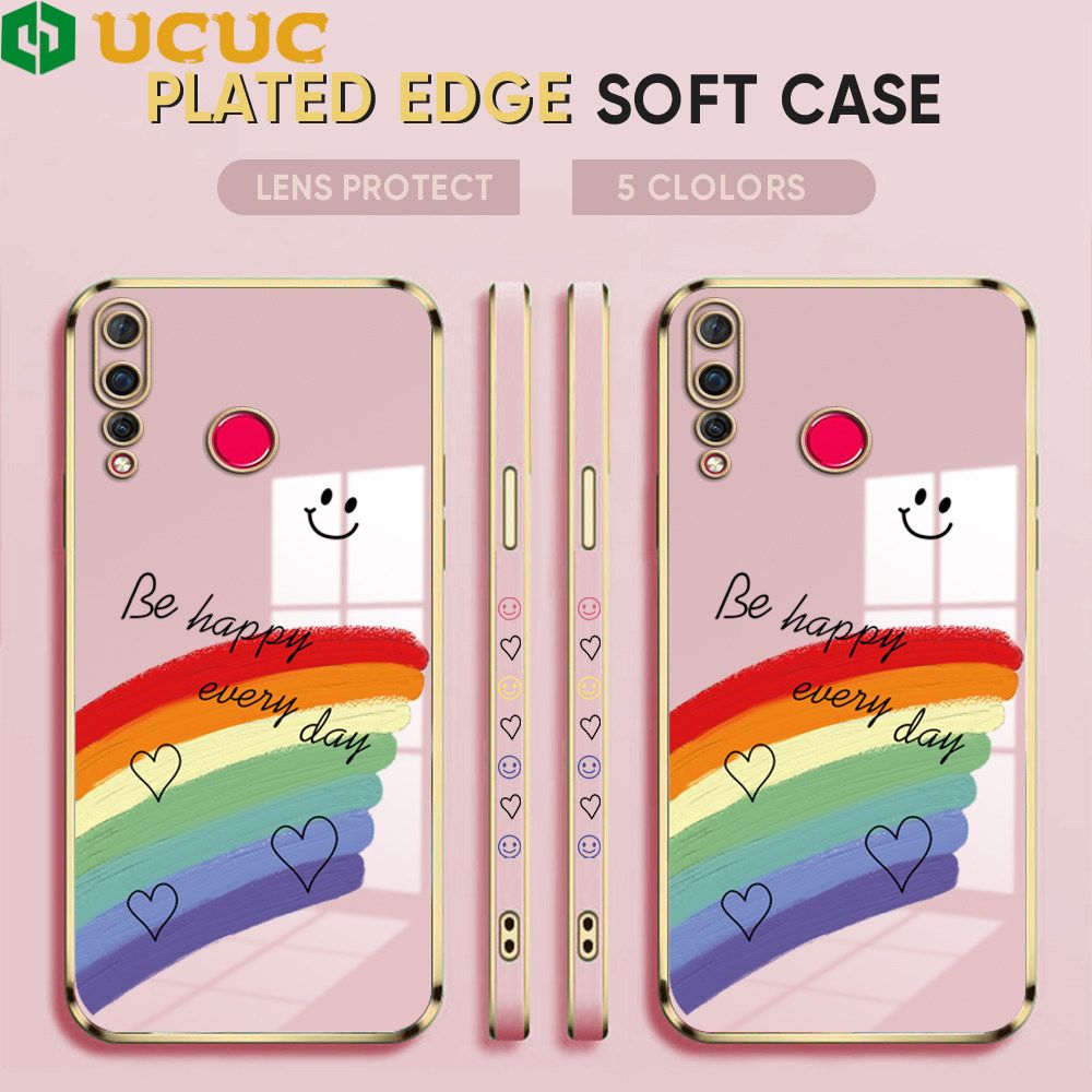 UCUC for Huawei Nova 4 Back Cover + Free Lanyard Rainbow Doodle Luxury 6D Plating Case Side Pattern Soft Silicone Square Phone Cases