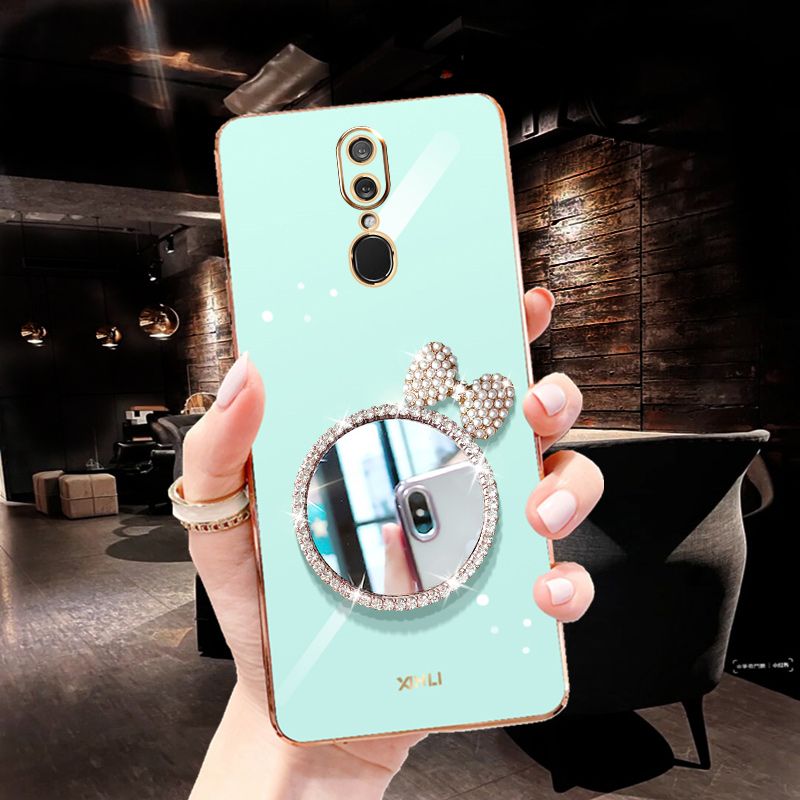 For OPPO F11 Back Cover + Bowknot Makeup Mirror Fashion Shiny Plating Square Bumper Bling Girls Phone Case Soft TPU Silicone Shockproof Back Cover
