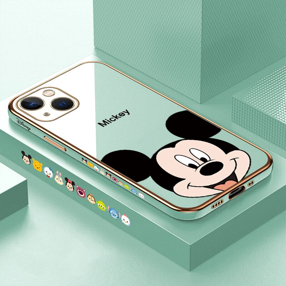 Luxury 6D Plating Soft Casing Silicone Square Frame Phone Case For iPhone 13 Mini Case Shiny Bling Back Cover Cartoon Big Head Mouse Square Edge Pattern Design Soft Case + Free Lanyard