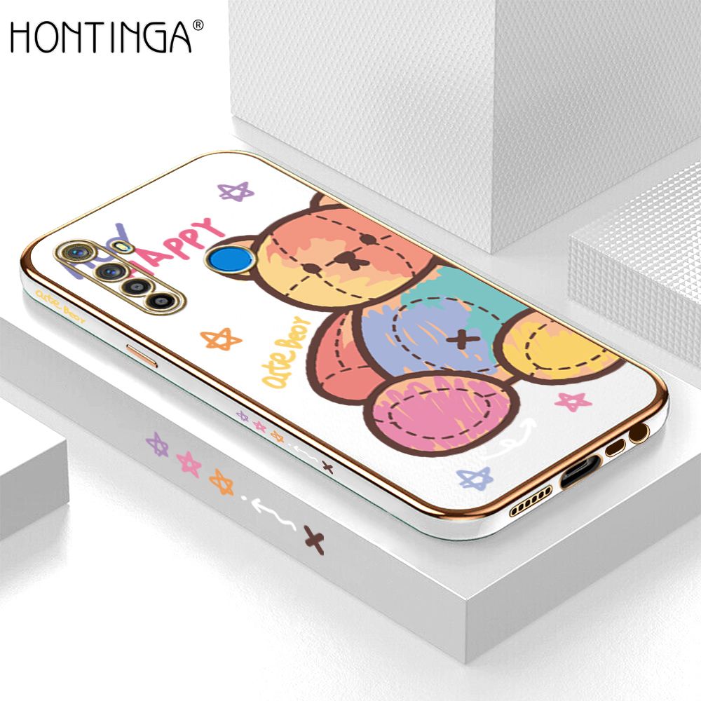 Hontinga for Realme 5 5I 5S 6I Back Cover + Free Lanyard Luxury 6D Plating Color Doll Bear Side Pattern Case Soft Silicone Square Mobile Cover
