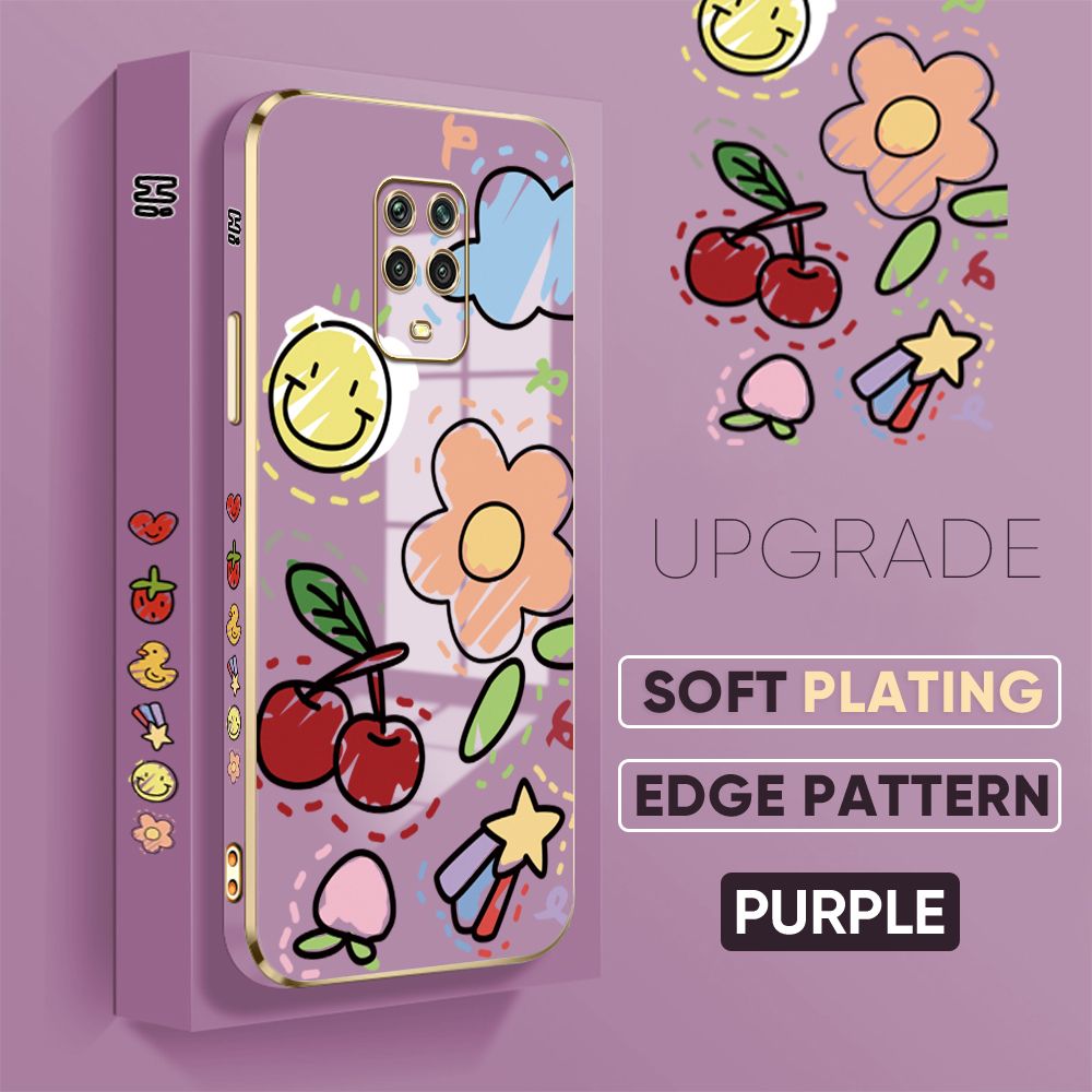 TA for Redmi Note 9S / Note 9 Pro / Note 9 Pro Max / Xiaomi Poco M2 Pro Back Cover + Free Lanyard Colorful Fruit Painting Luxury 6D Plating Case Side Pattern Soft Silicone Square Phone Cases