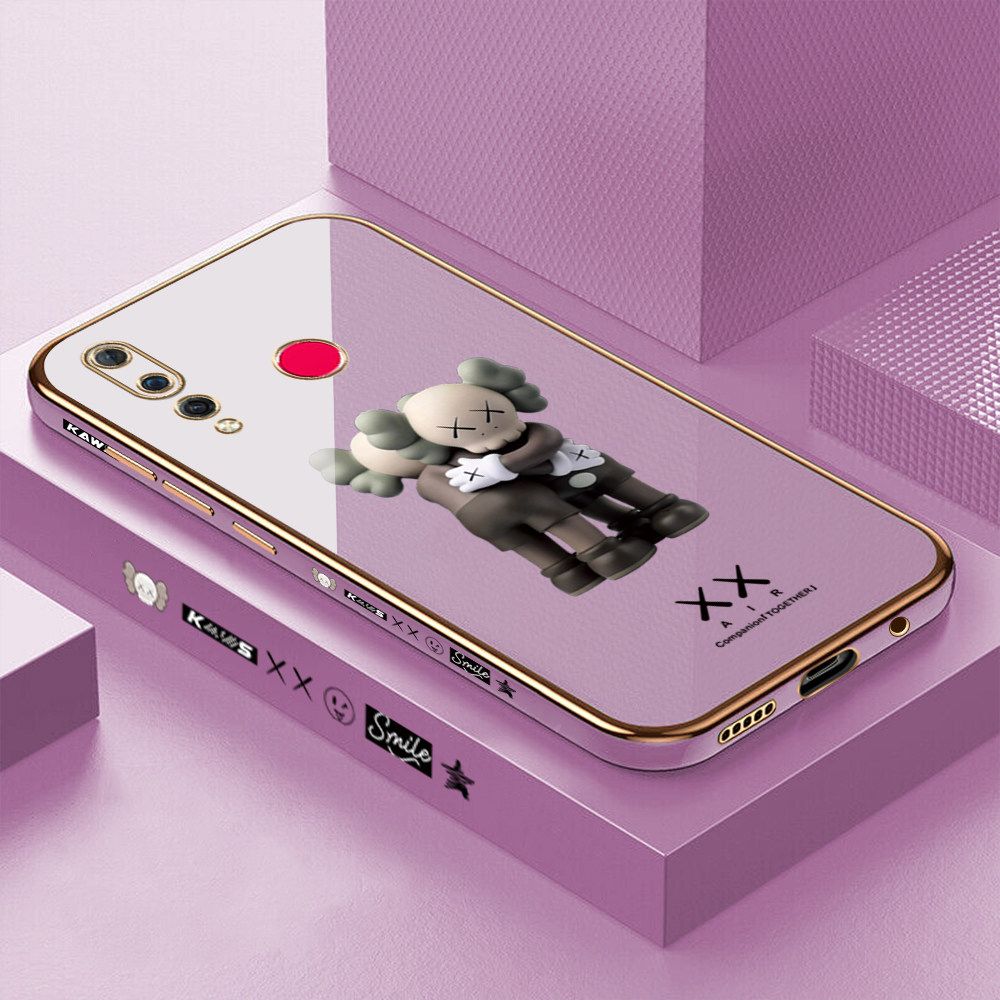 Luxury 6D Plating Case for Huawei Nova 4 Embrace Cartoon Bear Side Pattern Back Cover Soft Silicone Square Frame Shiny Bling Phone Cases + Free Lanyard