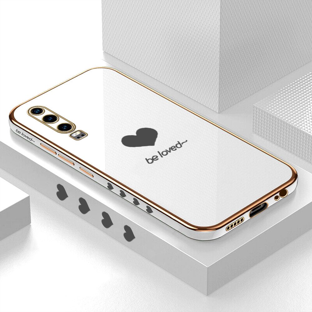Luxury 6D Plating Soft Casing Silicone Square Frame Phone Case For Huawei P30 Case Shiny Bling Back Cover Lover Heart Square Edge Pattern Design Soft Case + Free Lanyard