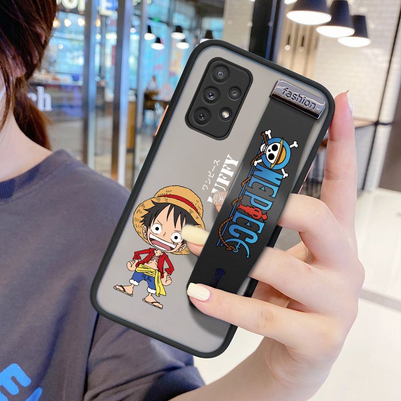 UCUC for Samsung Galaxy A72 Wrist Strap Case Anime One Piece Luffy Wristband Printing Cover Shockproof Frosted Phone Case