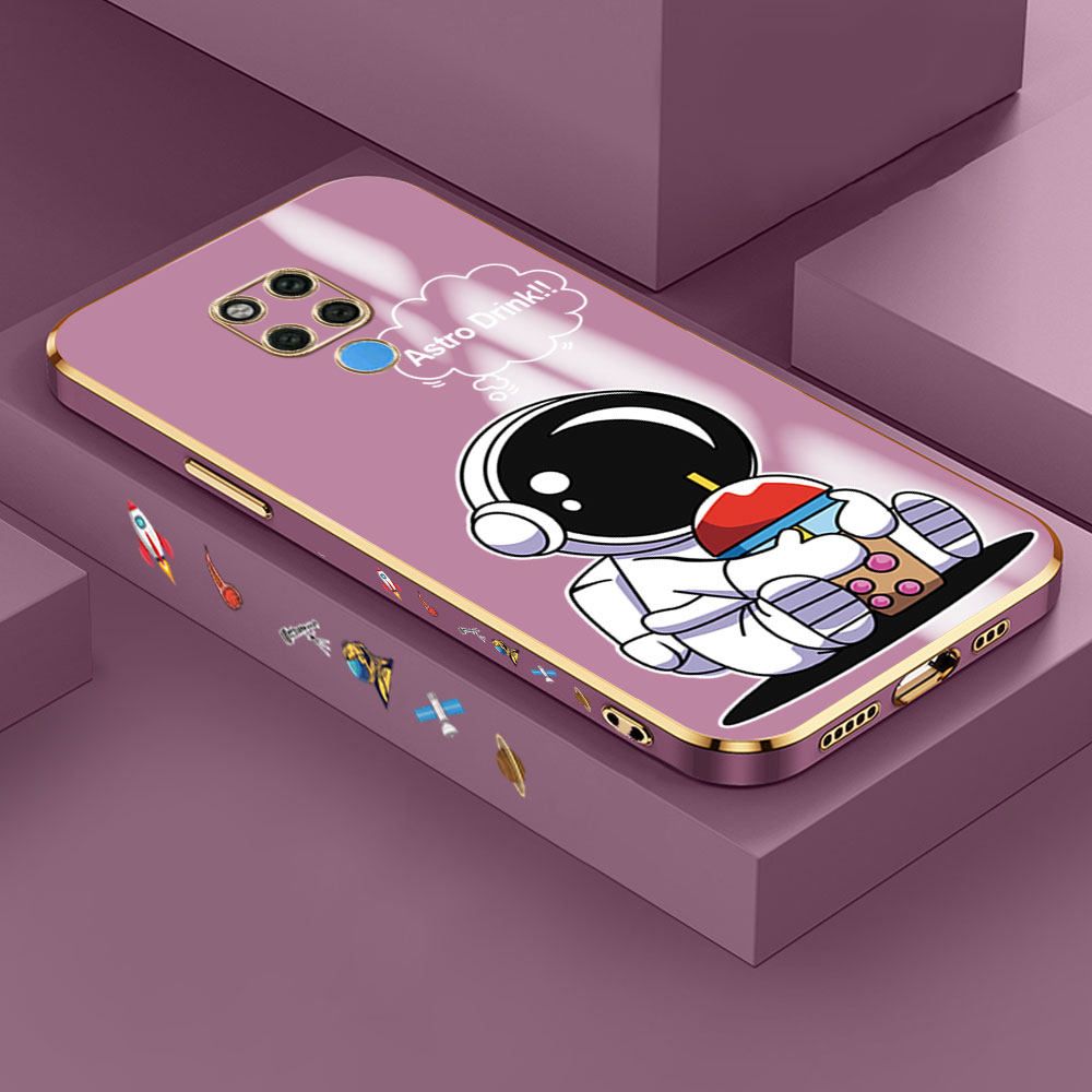 Jizetin (Free Lanyard) Huawei Mate 20 X Case Cute Cartoon Drink Astronaut Luxury 6D Plating Soft Casing Silicone Ultra Thin Phone Cover