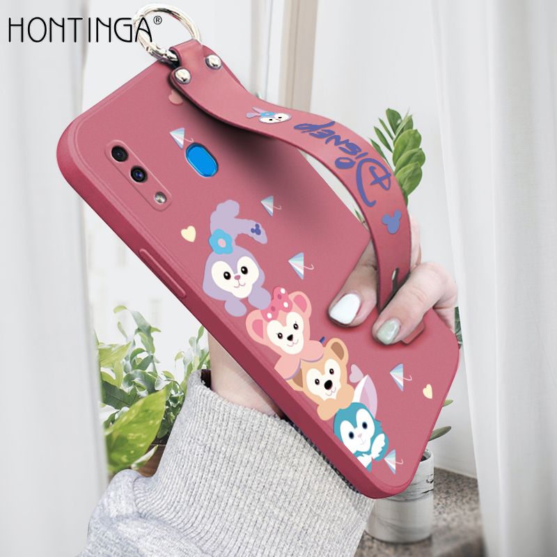 Hontinga for Samsung Galaxy A30 Wrist Strap Case INS Cute Style Creative Cartoon Rabbit and Fox Cover Thin Square Edge Liquid Silicone Phone Case