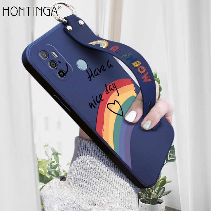 Hontinga for OPPO A33 2020 Wrist Strap Case Lovely Graffiti Rainbow Smile Thin Phone Cover Square Edge Liquid Silicone Creativity Phone Case