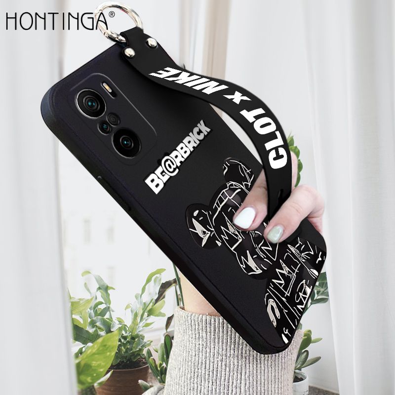 Hontinga for Xiaomi Poco F3 / Mi 11x / Redmi K40 / K40 Pro Wrist Strap Case Fashion Black Brand Bear Phone Case Square Edge Liquid Silicone Cases Full Cover Camera Shockproof Protection Cases