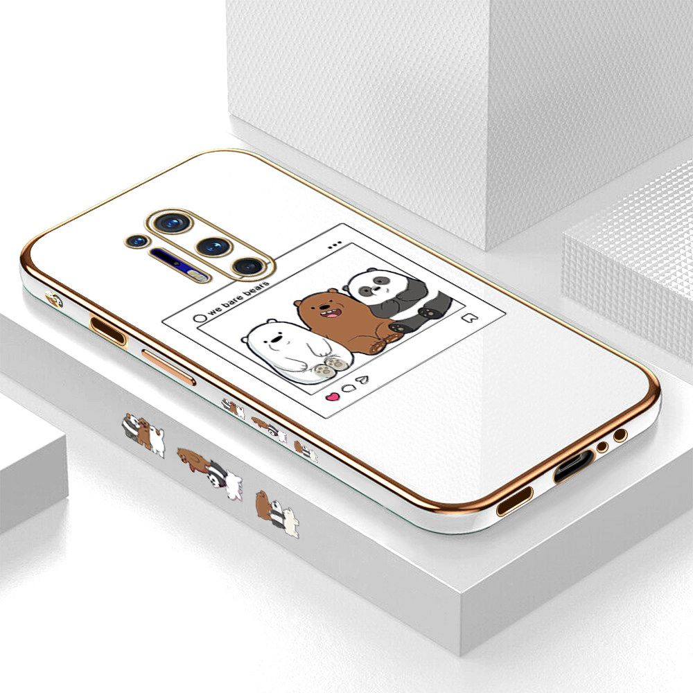 Luxury 6D Plating Case for OnePlus 8 Pro Cute Cartoon Anime Bears Side Pattern Back Cover Soft Silicone Square Frame Shiny Bling Phone Cases + Free Lanyard