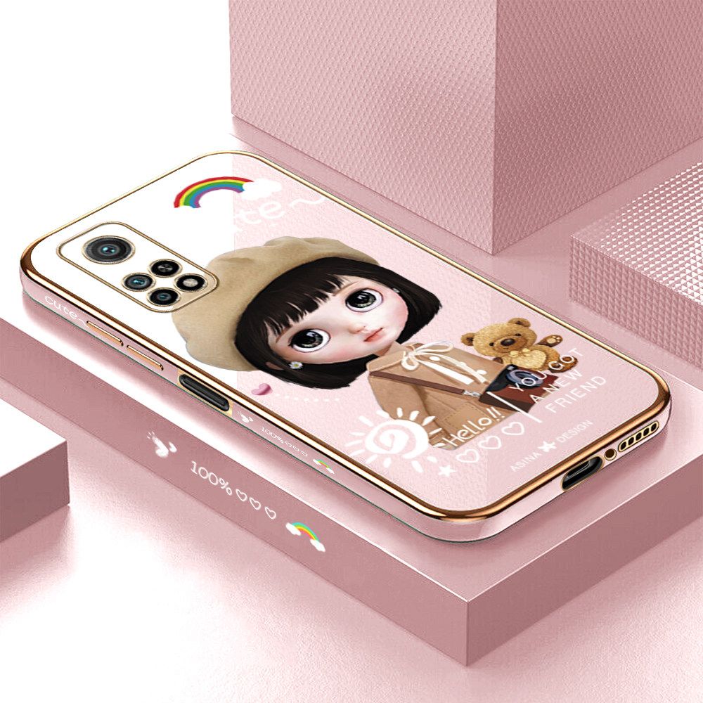 Luxury 6D Plating Soft Casing Silicone Square Frame Phone Case For Xiaomi 10T Case Shiny Bling Back Cover Cute Girl With Shoulder Bag Square Edge Pattern Design Soft Case + Free Lanyard