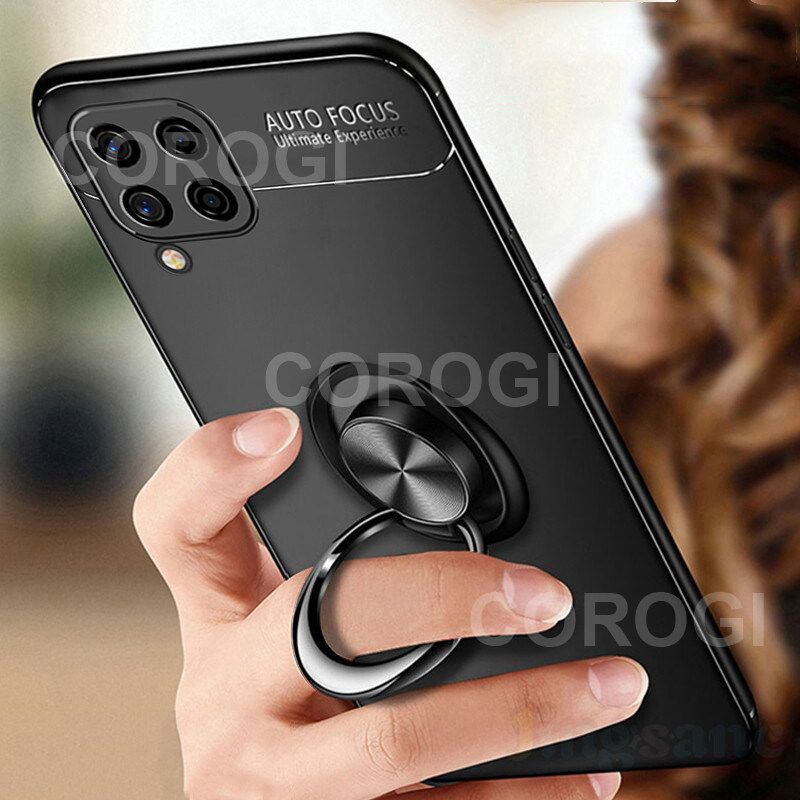 For Samsung Galaxy M32 F22 Cover Shockproof Soft TPU Silicone Rubber Phone Case with Metal Finger Ring Stand Holder Magnetic Car Mount Protective Back Cover