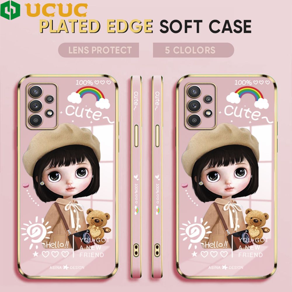 UCUC for Samsung Galaxy A32 5G Back Cover + Free Lanyard Sunshine Girl Luxury 6D Plating Case Side Pattern Soft Silicone Square Phone Cases