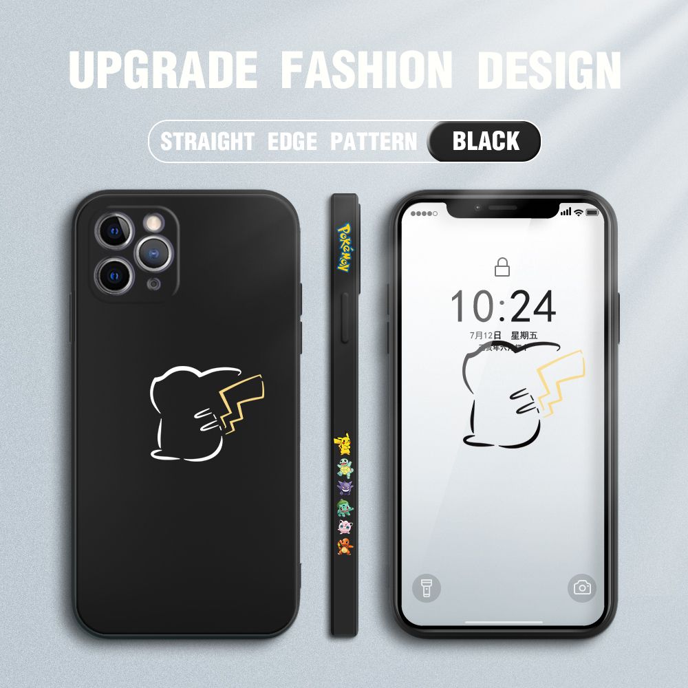 Jizetin for iPhone 11 Pro Case New Pikachu Pokémon Design Side Design Phone Case Square Edge Pattern Liquid Silicone Cases Full Cover Camera Soft Protection Case