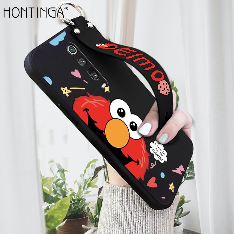 Hontinga for Xiaomi Redmi K20 Pro Wrist Strap Case Cute Cute Cartoon Little Monster Phone Cover Square Edge Liquid Silicone Case Full Cover Camera Shockproof Protective Cases