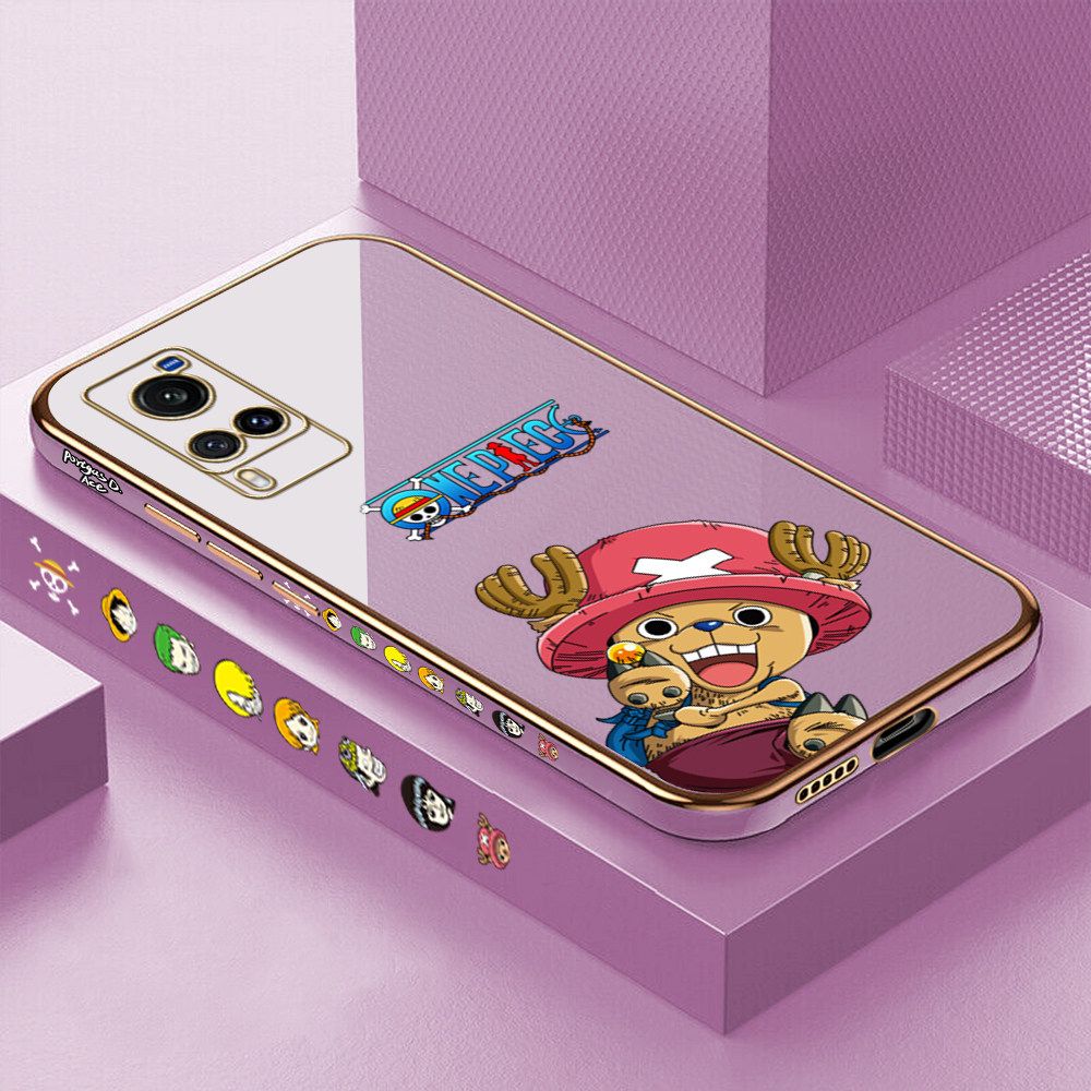 Luxury 6D Plating Case for Vivo X60 Cartoon Anime Choba Side Pattern Back Cover Soft Silicone Square Frame Shiny Bling Phone Cases + Free Lanyard