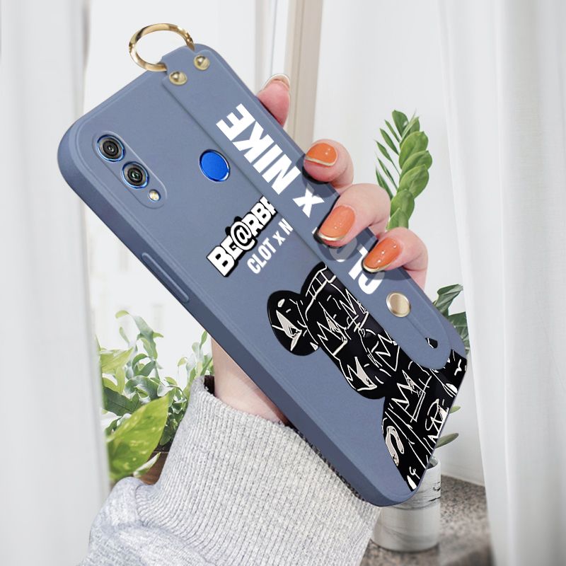 Jizetin for Honor 8X Wrist Strap Case Creative Cartoon Black Stitching Bear Cover Ultra Thin Anti Fall Liquid Silicone Phone Case