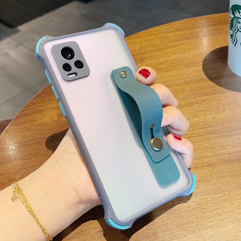 For Vivo V20 NFC / V20 Pro 5G / V20 SE Case with Wristband Stand Holder, [Camera Lens Protection] Luxury Shockproof Translucent Matte Hard Phone Cases Anti-fall Soft TPU Silicone Bumper Protective Casing Cover