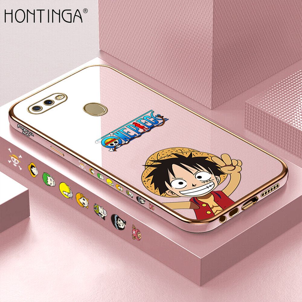 Hontinga for OPPO A5S A7 A12 A12S Back Cover + Free Lanyard Luxury 6D Plating Anime Cartoon Happy Luffy Side Pattern Case Soft Silicone Square Mobile Cover