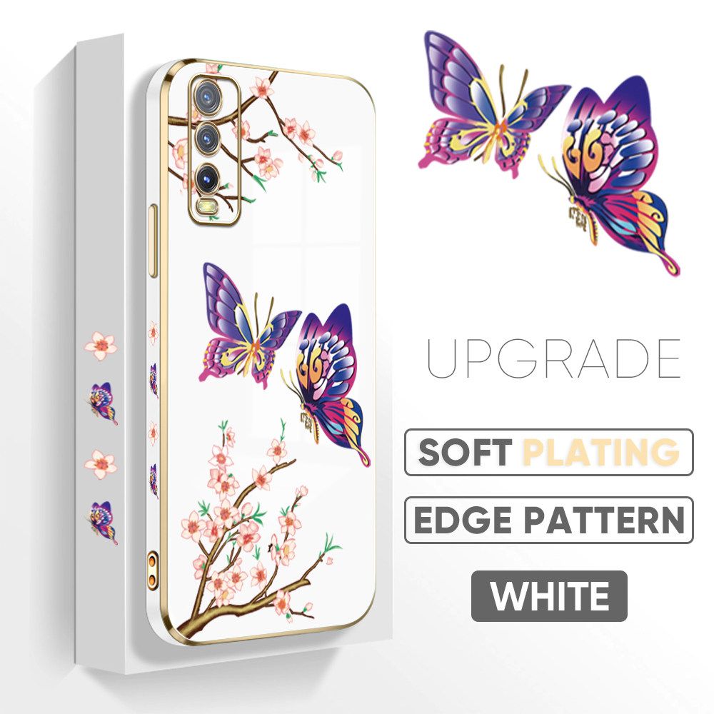 Jizetin (Free Lanyard) Vivo Y20 Y20i Y20S Y20 2021 Y20SG Y12A Y12S Back Cover Peach Blossom and Butterfly Luxury 6D Plating Case Side Pattern Soft Silicone Square Mobile Phone Cases