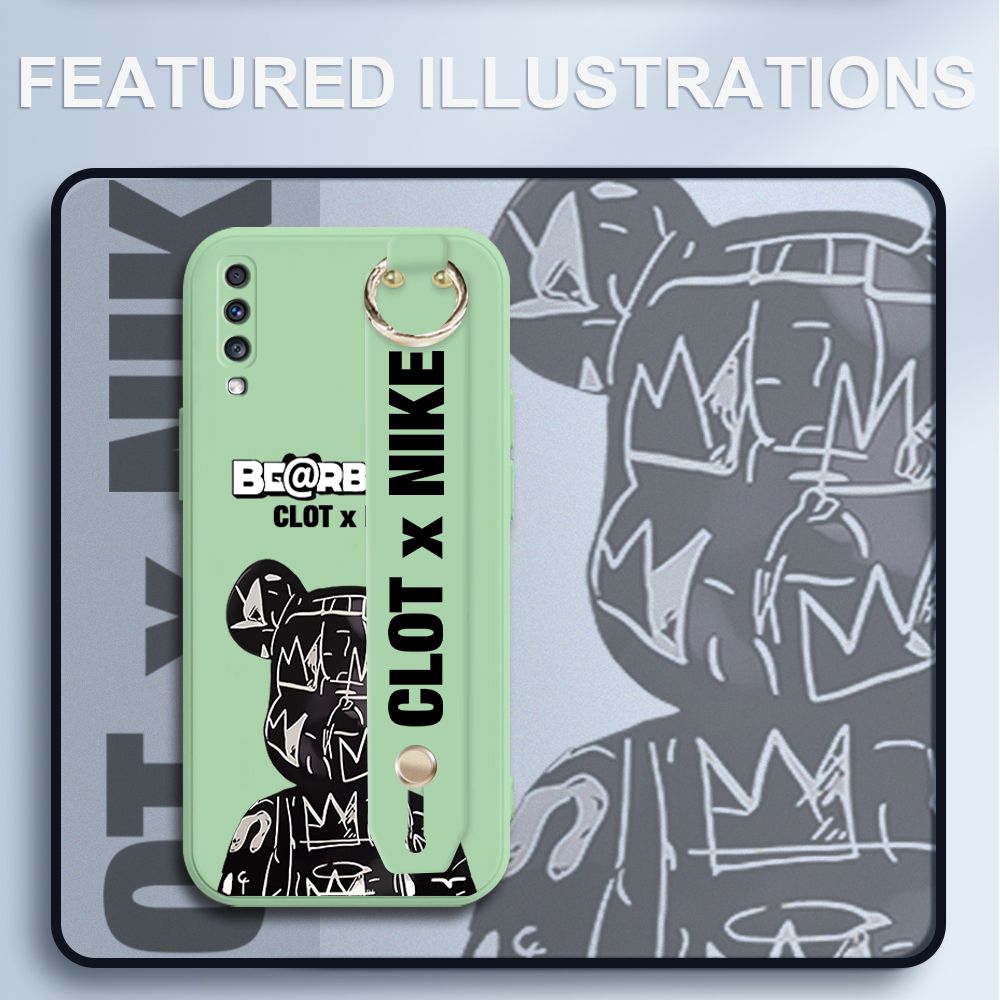 UCUC for Samsung Galaxy A70 Wrist Strap Case Creative Cartoon Black Stitching Bear Cover Ultra Thin Anti Fall Liquid Silicone Phone Case