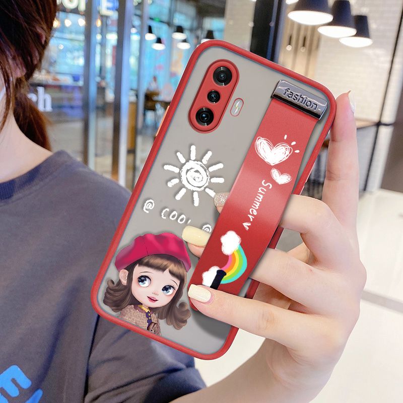 UCUC for Xiaomi Redmi K40 Gaming Wrist Strap Case Lovely Cartoon Red Hat Girl Wristband Printing Cover Shockproof Frosted Phone Case