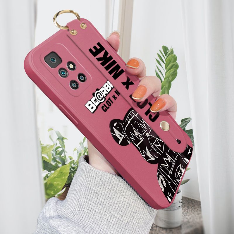 Jizetin for Xiaomi Redmi 10 Wrist Strap Case Creative Cartoon Black Stitching Bear Cover Ultra Thin Anti Fall Liquid Silicone Phone Case