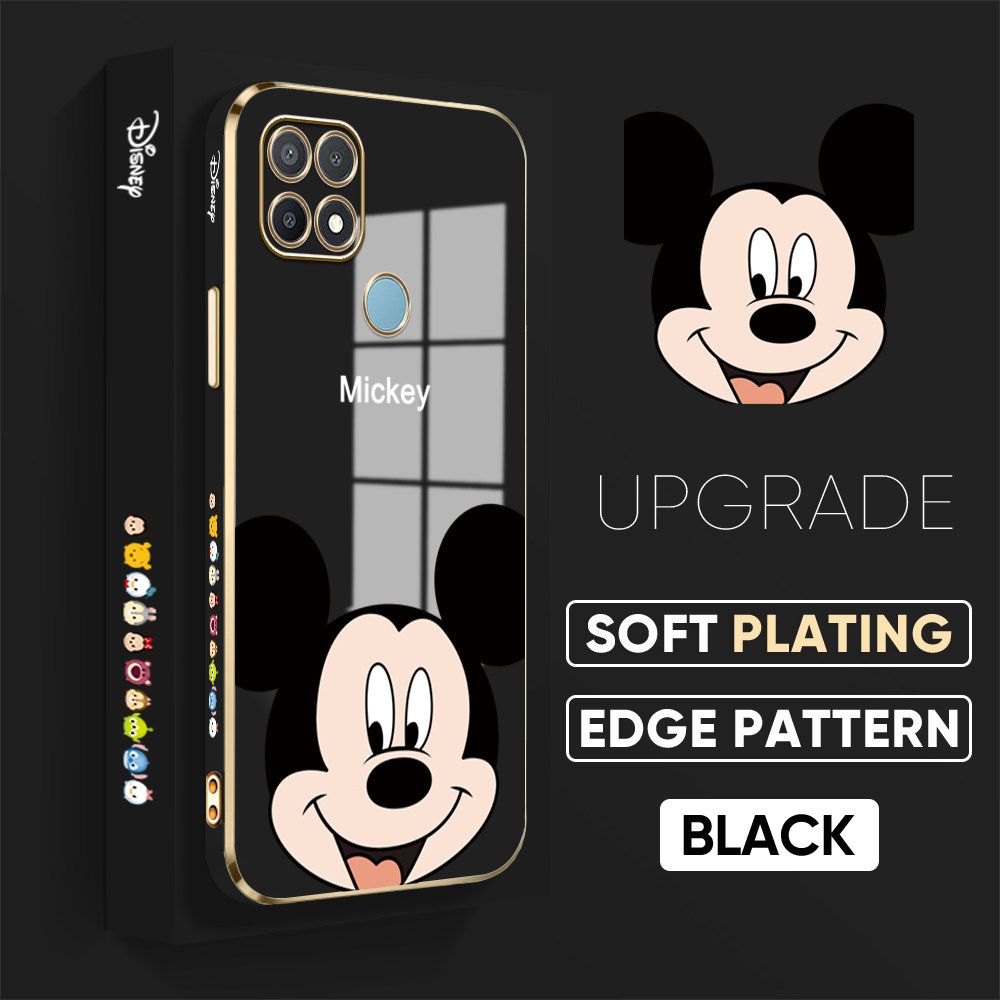 Jizetin (Free Lanyard) OPPO A15S / A15 Luxury 6D Plating Soft Casing Silicone Square Frame Phone Case Shiny Bling Back Cover Cartoon Big Head Mouse New design Side Drawing Case